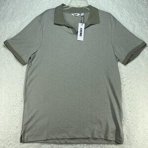DKNY Polo Shirt Mens Size Large Tan Short Sleeve Herringbone Cotton Shirt NWT